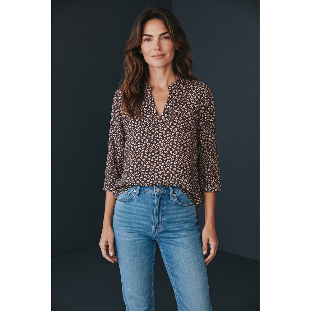 Honeyme Women Rose Gold Metallic Leopard Print Split Neck Blouse Black Small
